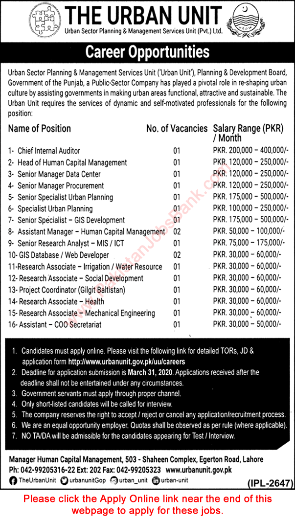 The Urban Unit Pakistan Jobs 2020 March Apply Online Research Associates & Others Latest