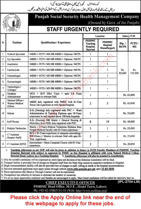 Punjab Social Security Health Management Company Jobs March 2020 Apply Online PSSHMC Hospitals Lahore / Muzaffargarh Latest