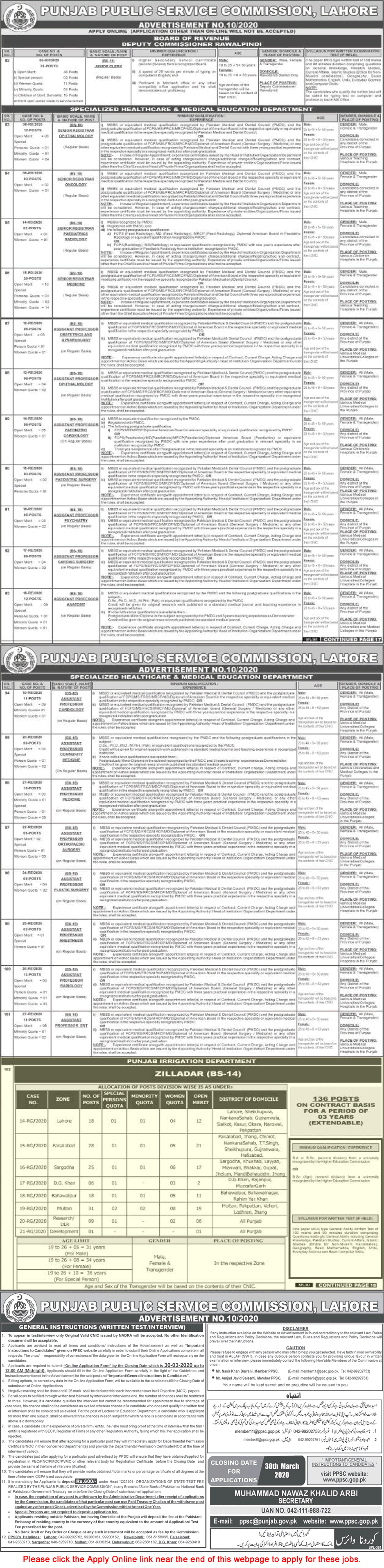 Zilladar Jobs in Irrigation Department Punjab 2020 March PPSC Online Application Form Latest