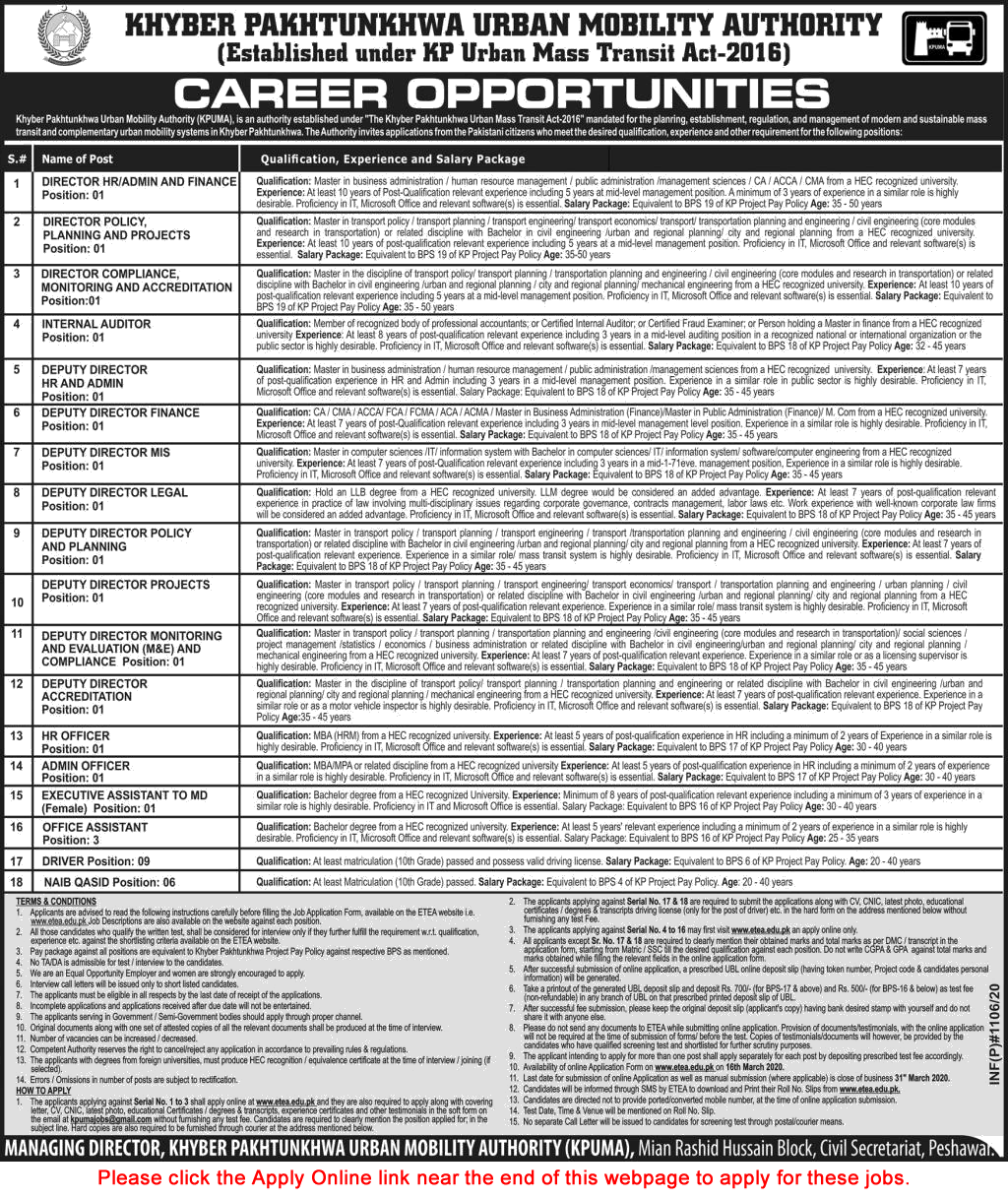 Khyber Pakhtunkhwa Urban Mobility Authority Jobs 2020 March ETEA Apply Online KPUMA Latest