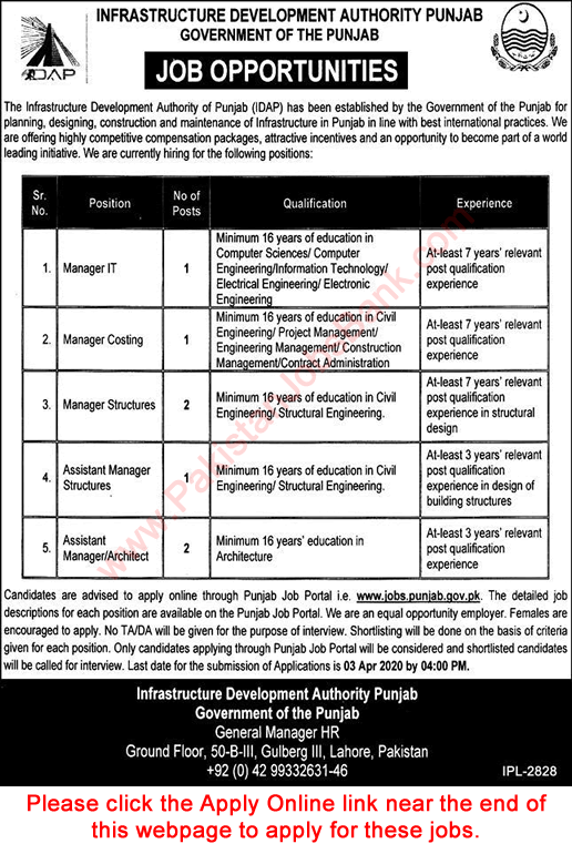 Infrastructure Development Authority Punjab Jobs 2020 March Apply Online IDAP Latest