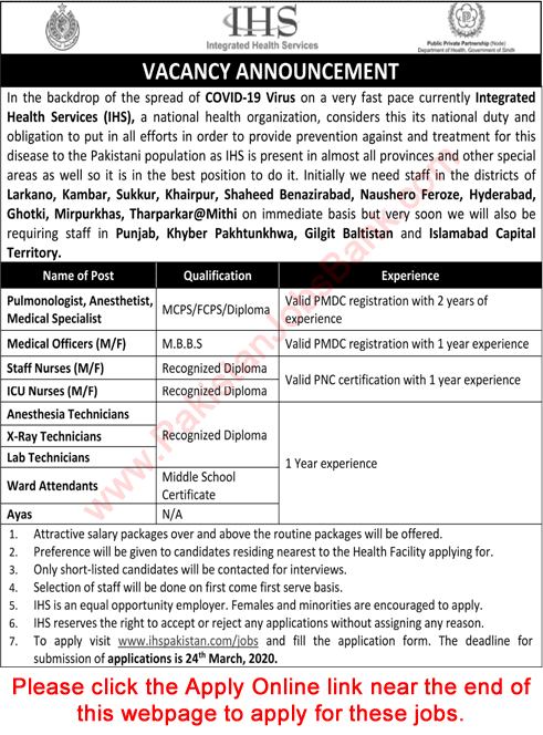 IHS Sindh Jobs 2020 March Apply Online Nurses, Medical Technicians & Others Latest
