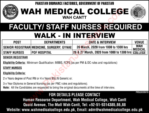 Wah Medical College Jobs 2020 March Nurses & Senior Registrars Walk in Interview Latest