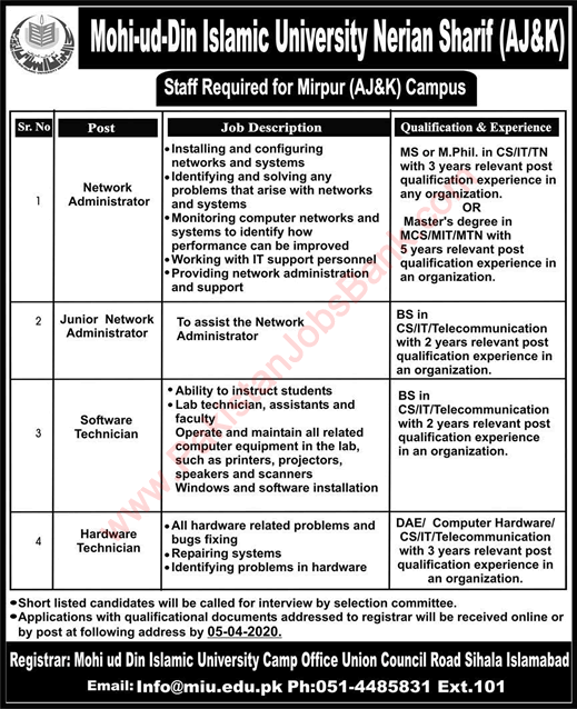 Mohi ud Din Islamic University Nerian Sharif AJK Jobs 2020 March Mirpur Latest