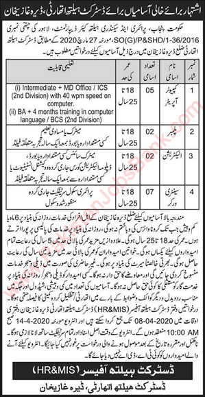 Health Department Dera Ghazi Khan Jobs April 2020 Computer Operators, Sanitary Workers & Others Latest