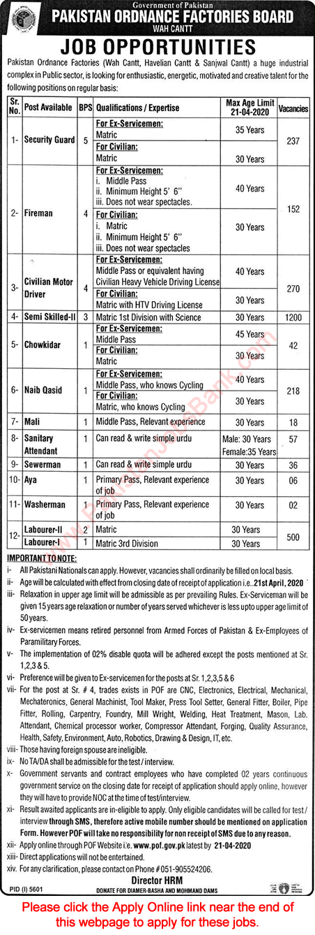 POF Jobs 2020 April Apply Online Semi Skilled Workers, Labourers, Drivers & Others Latest