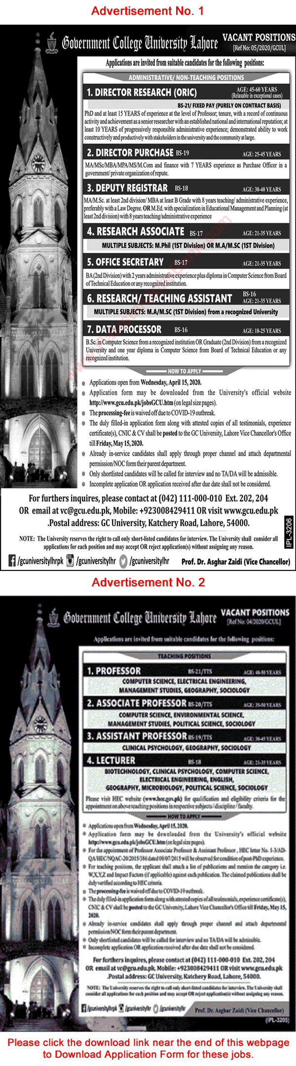 GC University Lahore Jobs 2020 April Application Form Teaching Faculty & Others GCU Latest