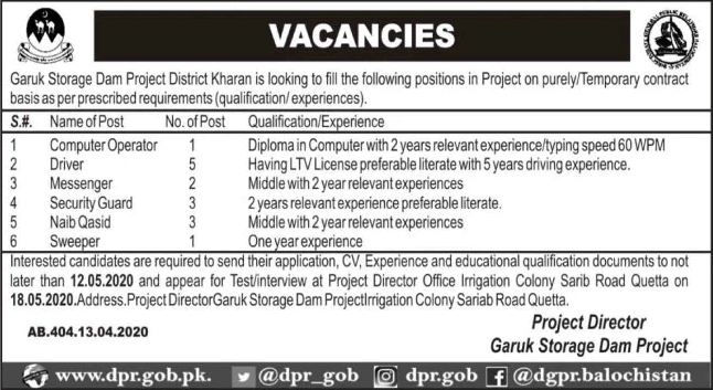 Garuk Storage Dam Project Kharan Jobs 2020 April Drivers, Security Guards & Others Latest