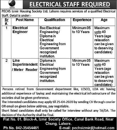 PECHS Izmir Housing Society Lahore Jobs 2020 April Electrical Engineer & Line Superintendent Latest