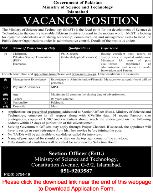 Chairman Jobs in Pakistan Science Foundation Islamabad 2020 April Application Form MoST Latest