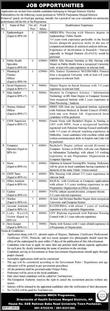 Directorate of Health Services KPK Jobs 2020 April MNCH Programme Medical Officers, Nurses & Others Latest