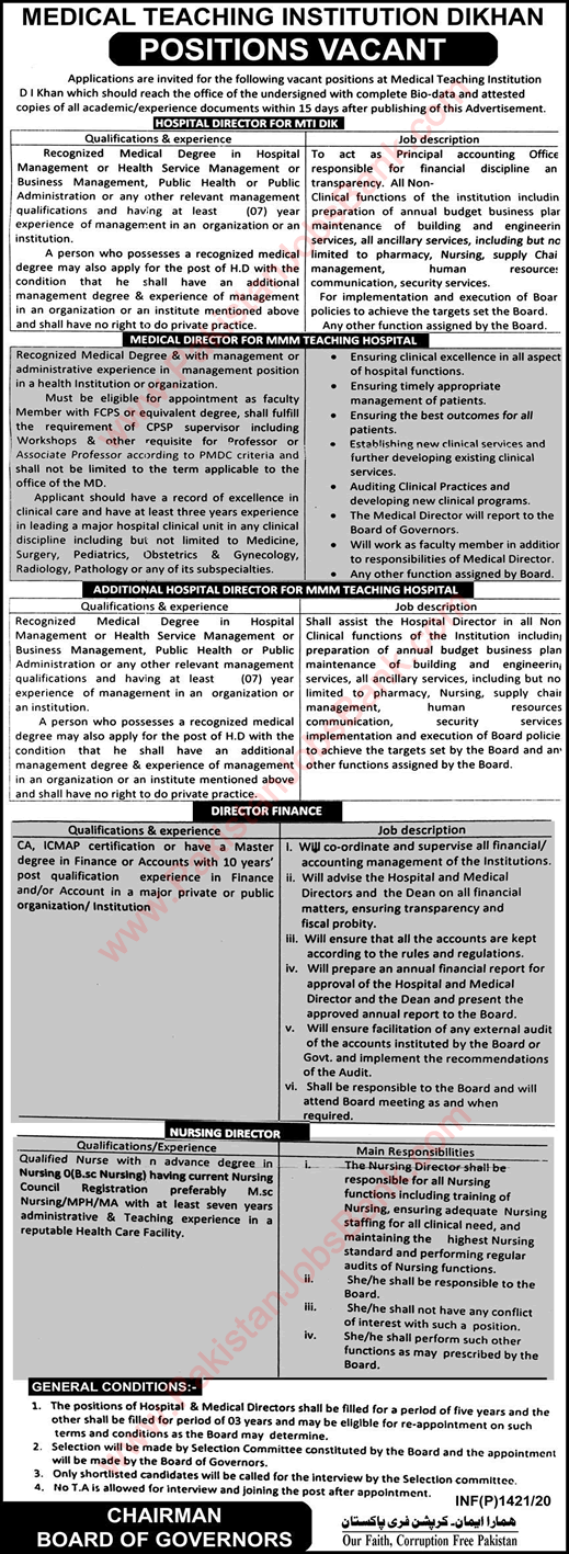 Medical Teaching Institution Dera Ismail Khan Jobs 2020 April MTI Latest