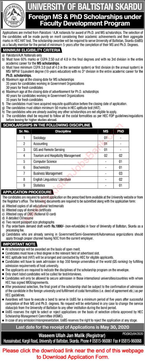 University of Baltistan Skardu Foreign PhD / MS Scholarships 2020 April / May Application Form Download Latest