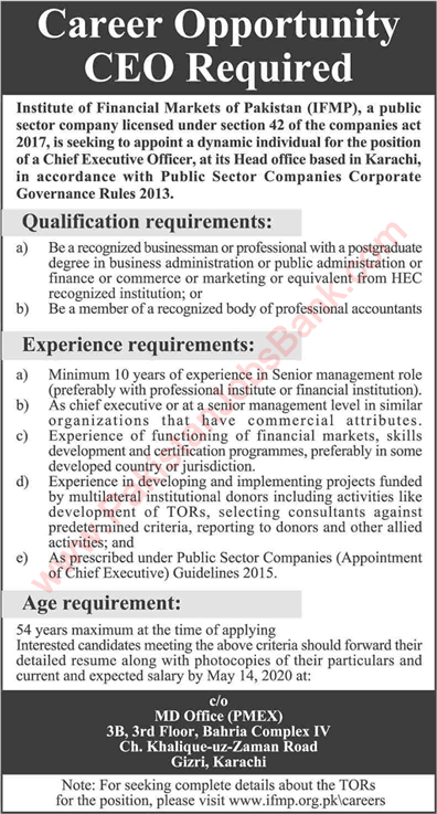 CEO Jobs in Institute of Financial Markets of Pakistan Karachi 2020 April / May IFMP Latest