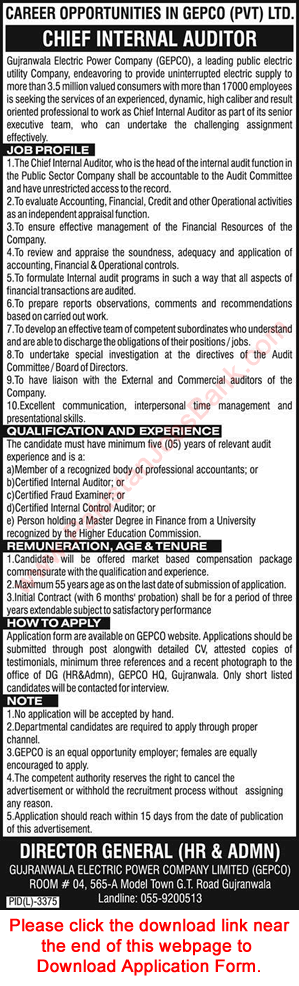 Chief Internal Auditor Jobs in GEPCO 2020 April / May Application Form Gujranwala Electric Power Company Latest