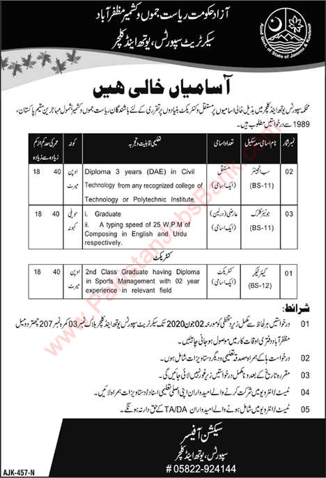 Sports Youth and Culture Department AJK Jobs May 2020 Muzaffarabad Sub Engineer, Clerk & Caretaker Latest