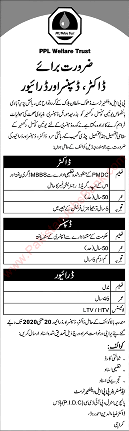 PPL Welfare Trust Jobs 2020 May Doctor, Dispenser & Driver Pakistan Petroleum Limited Latest