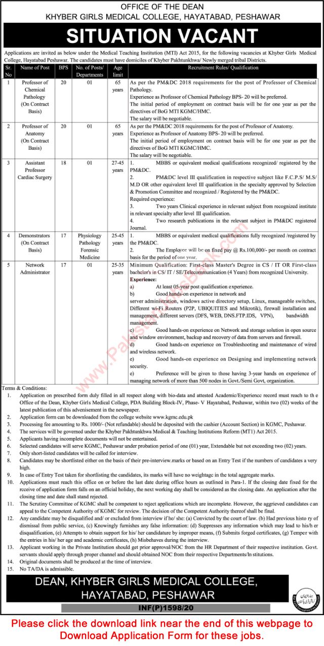 Khyber Girls Medical College Hayatabad Peshawar Jobs 2020 May KGMC Application Form Latest