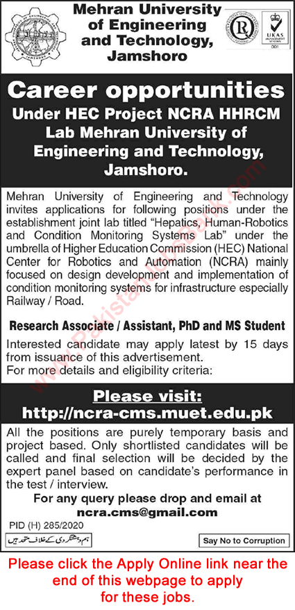 Research Associate / Assistant Jobs in Mehran University of Engineering and Technology Jamshoro 2020 May Apply Online Latest