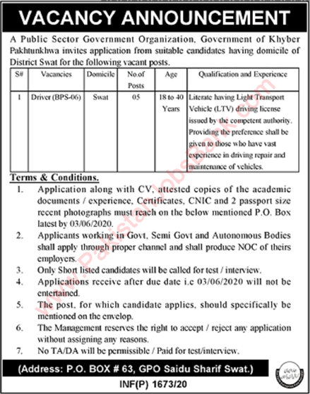 Driver Jobs in PO Box 63 GPO Saidu Sharif Swat 2020 May KPK Latest