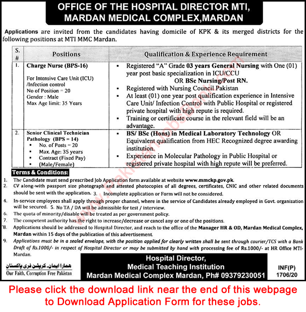 Mardan Medical Complex Jobs 2020 May MTI Application Form Nurses & Clinical Technicians Latest