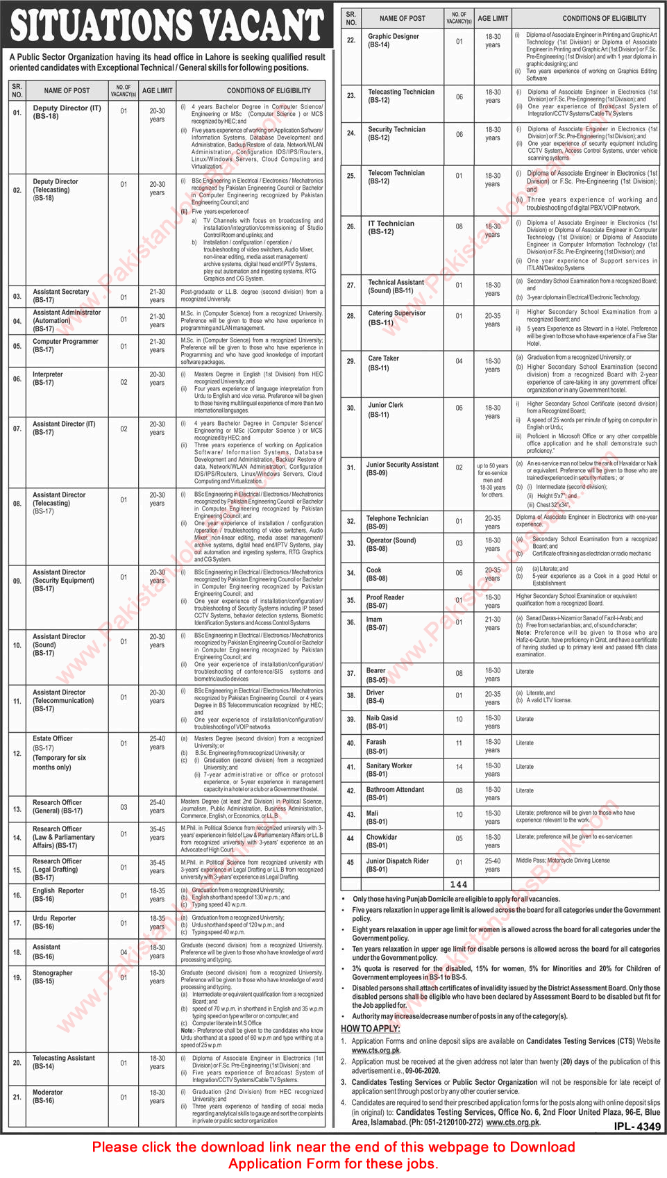 Public Sector Organization Lahore Jobs May 2020 CTS Application Form Clerks, Naib Qasid & Others Latest
