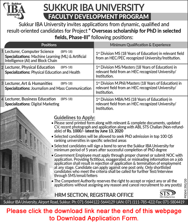 Sukkur IBA University Overseas PhD Scholarships 2020 May / June Application Form Faculty Development Program Latest