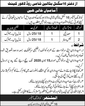 Waiter & Masalchi Jobs in Lahore 2020 May / June at 16 Signal Battalion Pakistan Army Latest