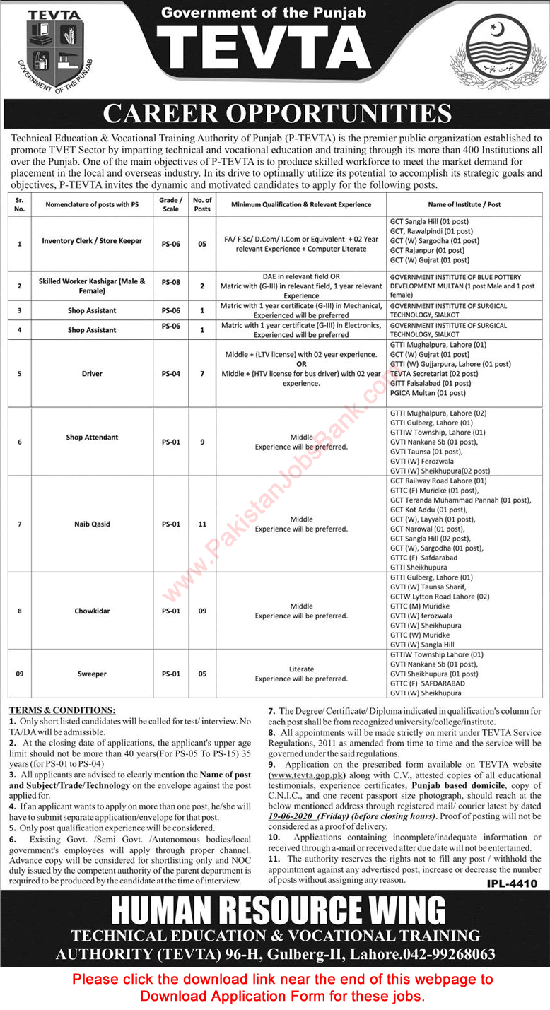 TEVTA Jobs May 2020 June Punjab Application Form Naib Qasid & Others PTEVTA Latest