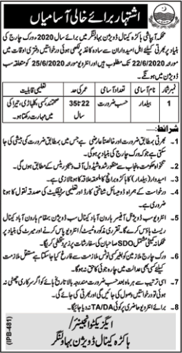 Baildar Jobs in Irrigation Department Hakra Canal Division Bahawalnagar 2020 June Latest