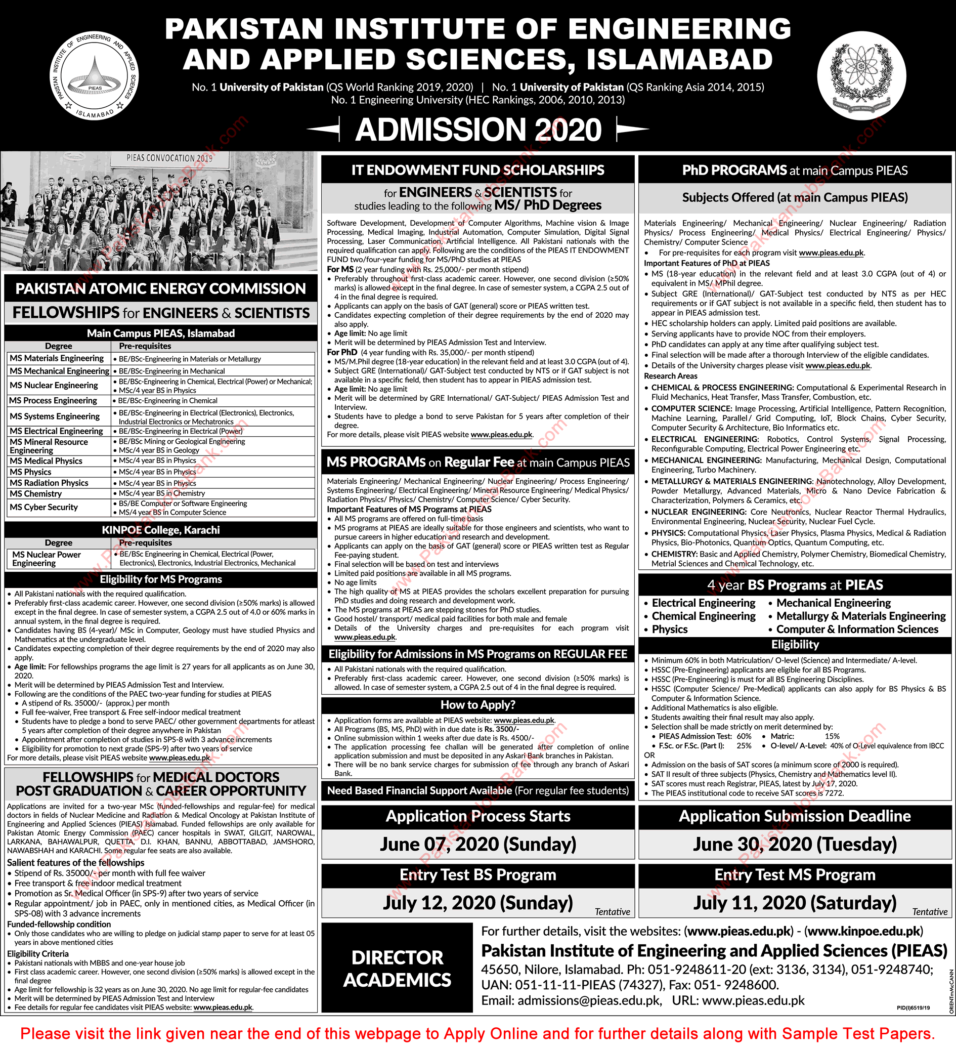 PIEAS Fellowships 2020 MS / Postgraduate Programs for Engineers, Scientists & Doctors in PAEC KINPOE Online Apply Latest