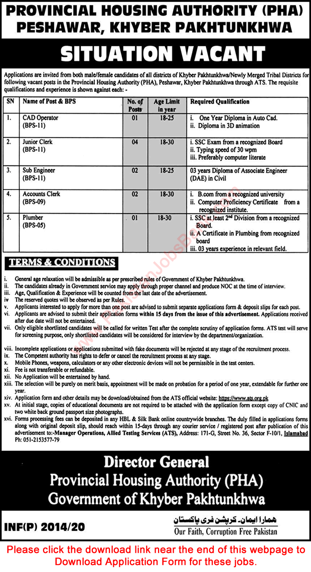 Provincial Housing Authority KPK Jobs 2020 June Peshawar ATS Application Form Clerks & Others Latest