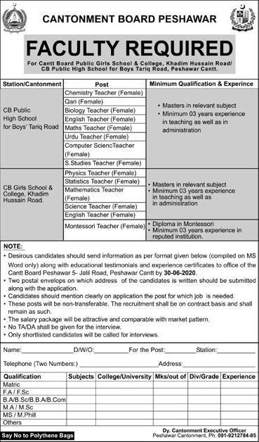 Female Teachers Jobs in Cantonment Board Public School Peshawar 2020 June Latest