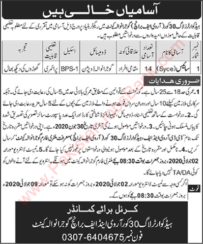 Syce Jobs in Headquarter Log 30 Corps Gujranwala 2020 June RVF Branch Pak Army Latest