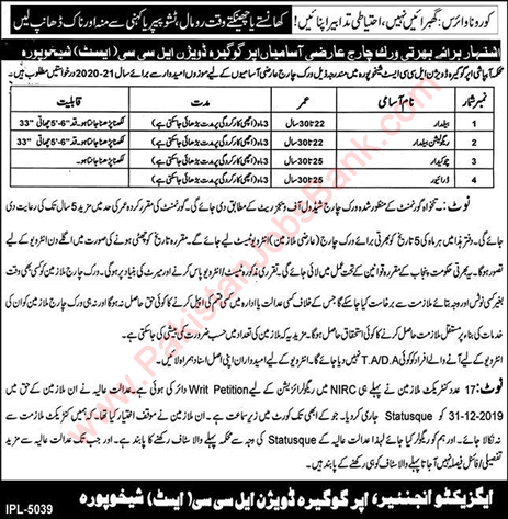 Irrigation Department Sheikhupura Jobs 2020 June LCC East Baildar, Chowkidar & Driver Latest