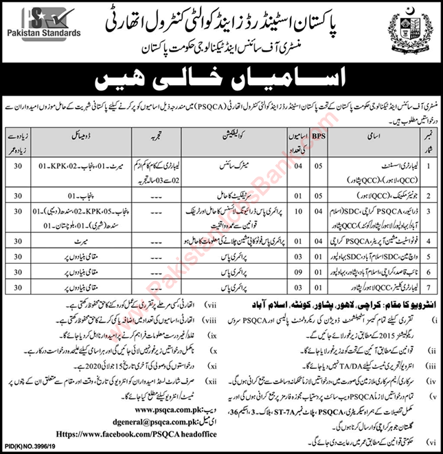 Pakistan Standard and Quality Control Authority Jobs 2020 June Drivers, Naib Qasid & Others Latest