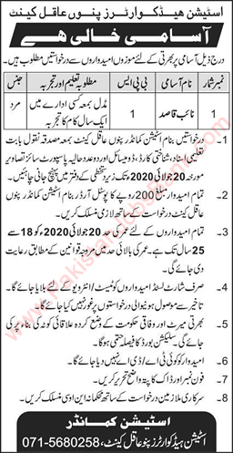 Naib Qasid Jobs in Station Headquarter Pano Aqil Cantt 2020 June Latest