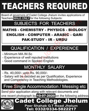 Teaching Jobs in Cadet College Jhelum 2020 June Latest