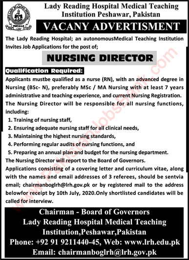 Nursing Director Jobs in Lady Reading Hospital Peshawar June 2020 Medical Teaching Institution MTI Latest