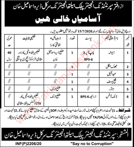 Public Health Engineering Circle Dera Ismail Khan Jobs 2020 June Pump Operators & Driver Latest