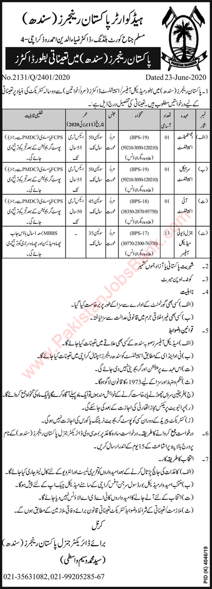 Pakistan Rangers Sindh Jobs June 2020 July Medical Officers & Others Latest