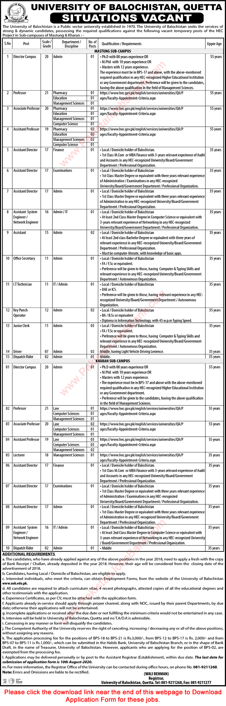 University of Balochistan Jobs 2020 July Application Form Teaching Faculty & Others Latest