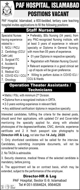 PAF Hospital Islamabad Jobs 2020 July Staff Nurses & OT Assistants / Technicians Latest