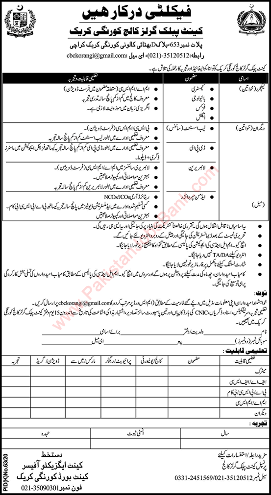 Cantt Public Girls College Korangi Jobs July 2020 Lecturers & Others Latest