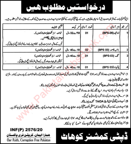 Deputy Commissioner Office Kohat Jobs 2020 July Naib Qasid, Driver, Chowkidar & Cook Latest