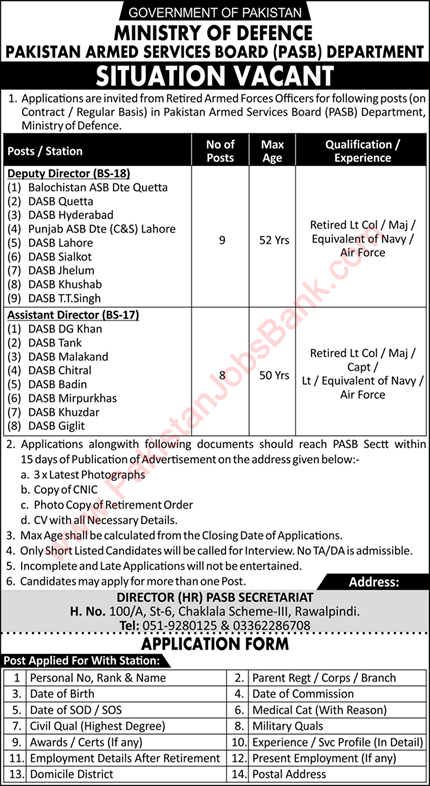 Pakistan Armed Services Board Jobs 2020 July PASB Deputy / Assistant Directors Ministry of Defence Latest