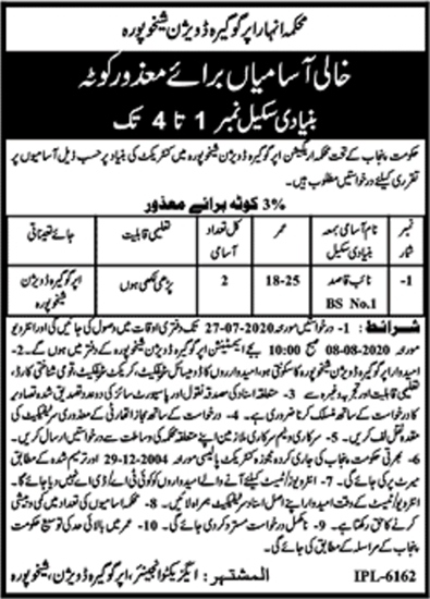 Naib Qasid Jobs in Irrigation Department Sheikhupura July 2020 Disable Quota Latest