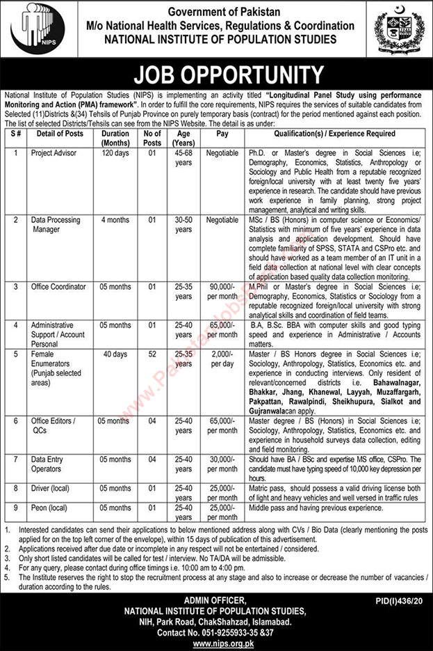 National Institute of Population Studies Jobs 2020 July Female Enumerators & Others NIPS Latest