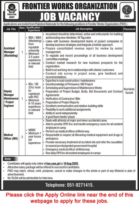 FWO Karachi Jobs July 2020 August Apply Online Frontier Works Organization Latest