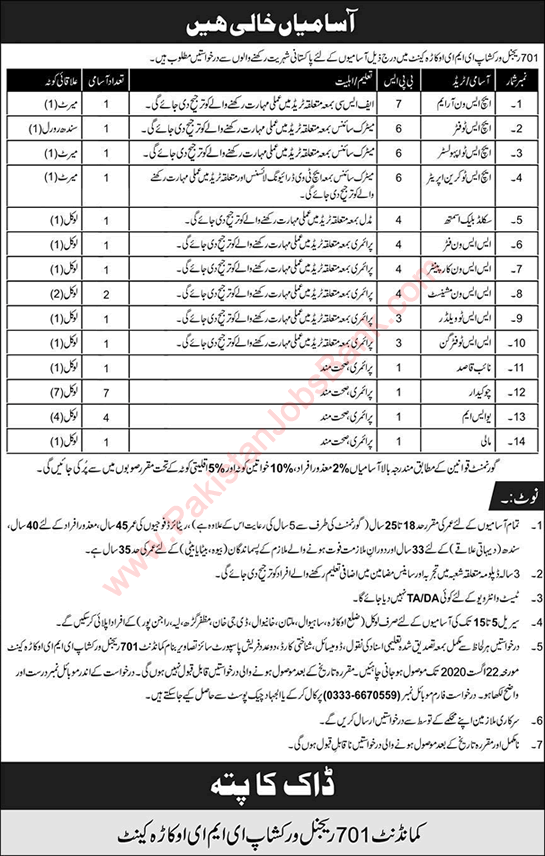 701 Regional Workshop EME Okara Cantt Jobs 2020 August Chowkidar, Skilled Workers & Others Latest